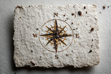 Navigating business growth with sustainable strategy is symbolized by compass on textured paper showing direction and focus for success.