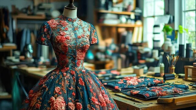 Exquisite floral embroidered gown on mannequin in a designer atelier