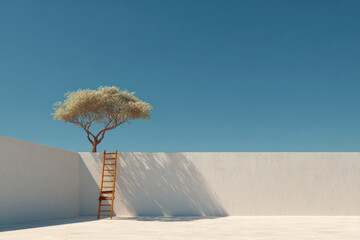 Climbing wooden ladder toward sustainable future under clear blue sky with lone tree casting shadows on white wall.