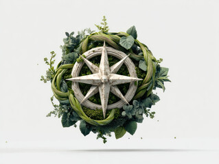 Navigating business growth with sustainable strategy is symbolized by compass surrounded by green leaves and vines in this concept image.