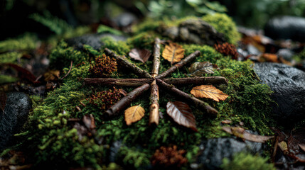 Navigating business growth with sustainable strategy is symbolized by natural elements arranged on moss, inspiring eco friendly progress.
