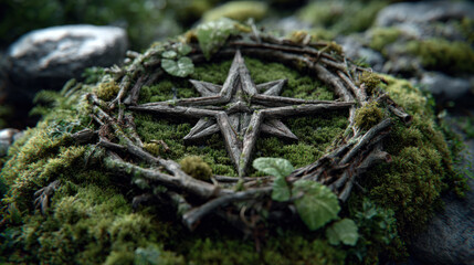 Navigating business growth with sustainable strategy is symbolized by wooden compass star on green moss surrounded by natural twigs and leaves.
