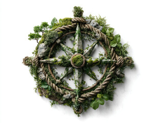 Navigating business growth with sustainable strategy is symbolized by compass made of natural elements like moss, leaves, and rope.
