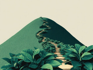 Sustainable path to success winds up green hill surrounded by lush leaves symbolizing growth and natural journey to achievement.