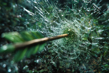 Arrow powered by sustainable energy breaks through glass symbolizing business goals driven by renewables for brighter future.