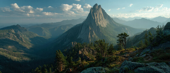 Sustainable path to success is found in natural mountain landscape with rocky peaks and green forest under blue sky with clouds.