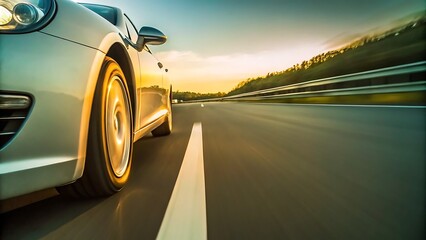 Silver car speeding on a highway during sunset with motion blur on the wheel turning