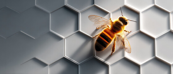 Honeybee on hexagonal pattern surface symbolizes business and sustainability in nature and industry.