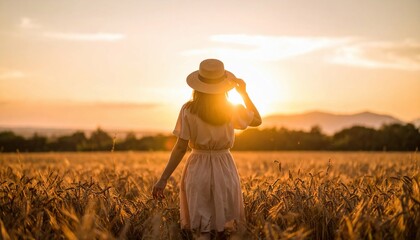 Fototapeta premium Woman in wheat field at sunset - works well for marketing materials