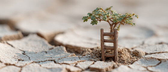 Climbing toward sustainable future small tree grows from dry cracked soil with tiny wooden ladder symbolizing growth and hope in harsh conditions.