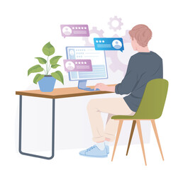 Man sitting at desk using computer, reading online reviews with star ratings, flat graphic style, white background. Concept of feedback analysis. Vector illustration