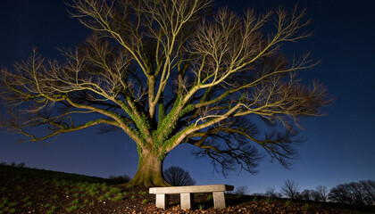 Obraz premium Ancient tree covered with ivy in clearing at dusk with bench 