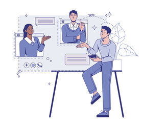 People communicating during online meeting, modern flat graphic style, on white background, concept of remote work and digital collaboration. Vector illustration