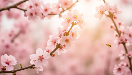 Apple trees in bloom in spring with dew-kissed petals and soft light  