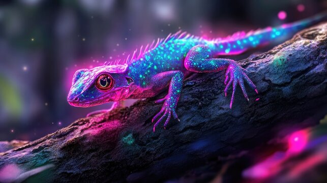 Neon blue and pink lizard glowing in digital fantasy environment, futuristic reptile illustration