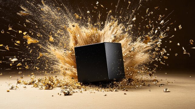 Minimalist black cube breaking through gold particle explosion on kraft paper surface, dramatic contrast