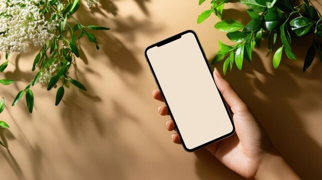 Hand holding smartphone with blank screen mockup on soft brown background, ready for app display or branding