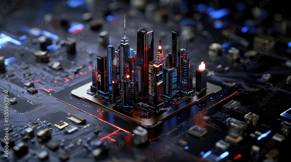 Poster futuristic city skyline rising from circuit board with glowing lights and tech lines