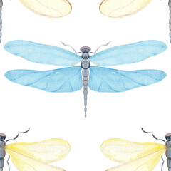 Yellow and blue dragonflies, wings, painted watercolor seamless pattern isolated on white. Ideal for nature branding, packaging, eco-friendly design, stationery, wall art, wedding, baby shower themes