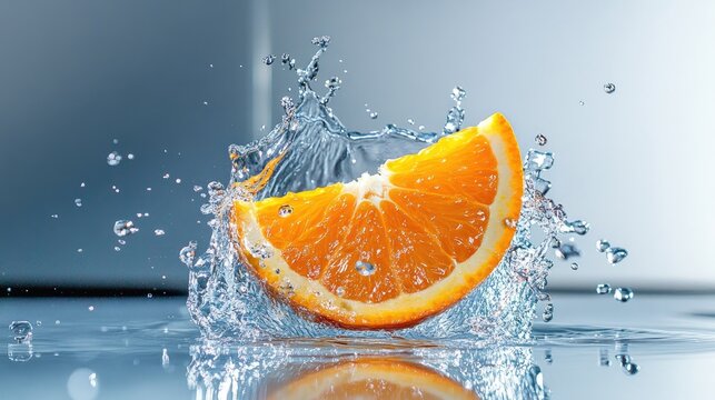 Fresh orange slice captured mid-splash in clear water, high-resolution studio photo with crisp detail