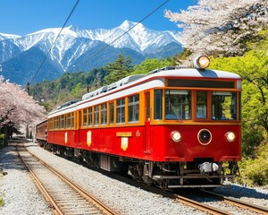 Scenic train journey through cherry blossoms and snowy mountains japan photography nature landscape view travel concept
