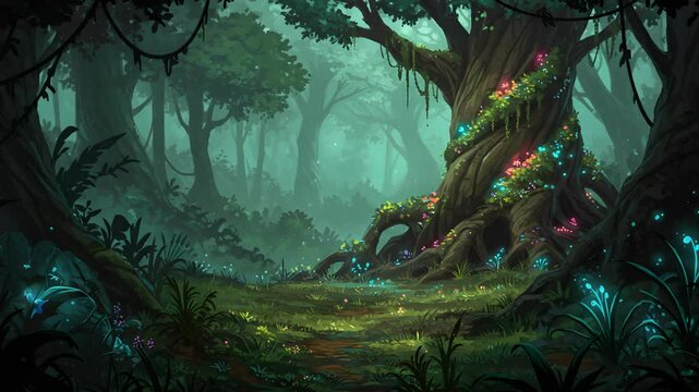Lush Pixel Art Forest Scene With Glowing Lights and Vibrant Green Foliage