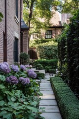 Beautiful garden path featuring hydrangeas and manicured hedges in a tranquil residential neighborhood during sunny afternoon