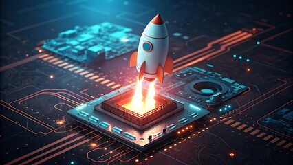 High tech startup rocket launching from computer chip