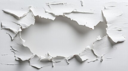 Close-up of white textured paper with torn hole and frayed edges, artistic handmade craft surface