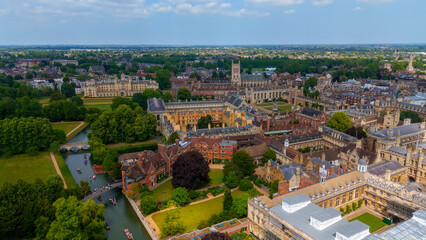 Panoramic view of Cambridge University with its traditional architecture, green spaces, and the River Cam flowing through the city center