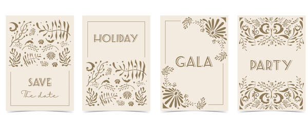 Retro flower and leaves frame background in wavy line style for vertical A4 design