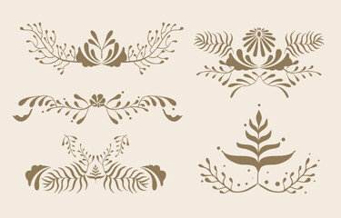 Retro flower and leaves border element object in wavy line style