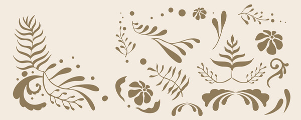 Retro flower and leaves border element object in wavy line style