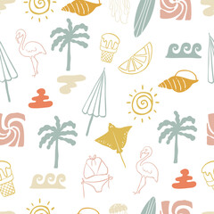 summer seamless pattern with shell,sun,coconut tree