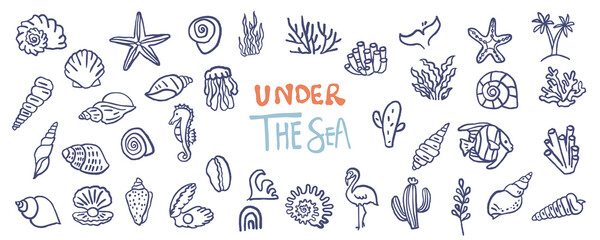cute doodle summer icon with shell,coral,tree for kid design