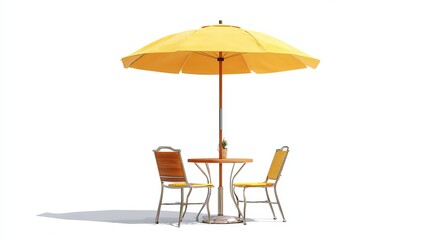 Sunny Yellow Patio Umbrella Table Chairs Summer Outdoor Cafe Bistro Relaxing Setting Yellow Chairs Wooden Table Metal Chairs Summertime Relaxation Sunny Day Pleasant Atmosphere 3d 