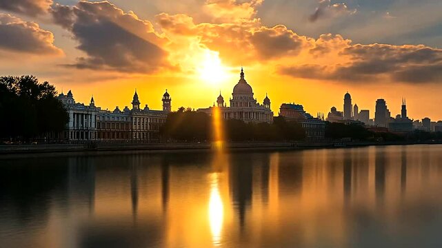 Spectacular sunset view of the Victoria Memorial reflected in the calm lake water