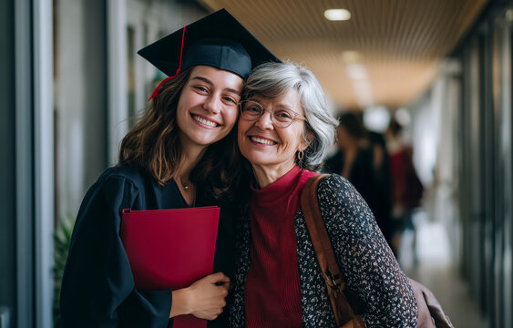 Warm candid photo of granddaughter and grandmother celebrating graduation together in a sunlit hallway - Powered by Adobe