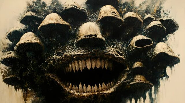A painting of a monster with its mouth open