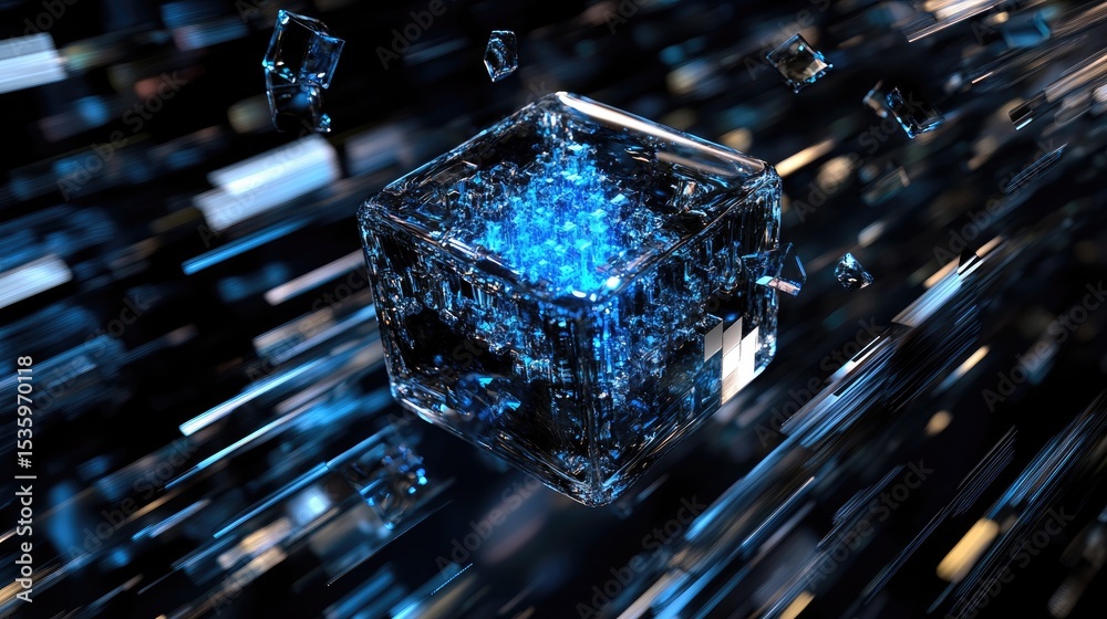 Poster Abstract 3D cube emitting electric blue light pulses, surrounded by motion trails in tech-inspired background