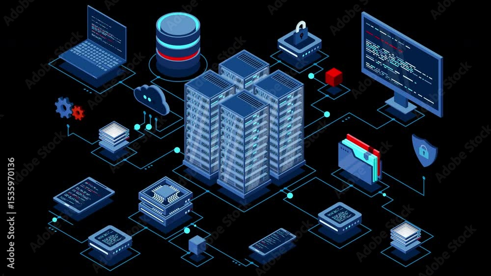 Poster Isometric computer technology animation. Computation of big data center. Cloud computing. Online devices upload and download information. Transparent background with alpha channel