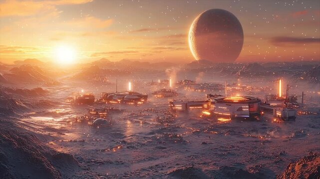 Alien outpost on a frozen moon, bathed in golden sunrise