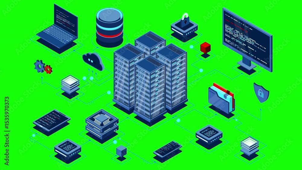 Poster Isometric computer technology animation. Computation of big data center. Cloud computing. Online devices upload and download information. 4K video animated in isometric style