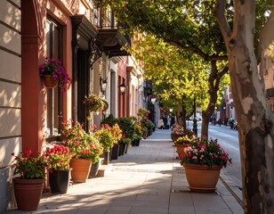 Fototapeta premium Colorful urban street lined with flowers