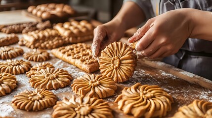 Ornate cookies are prepared by a baker.