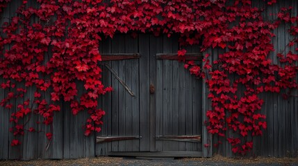 Vibrant crimson leaves cascading down a weathered wooden door.