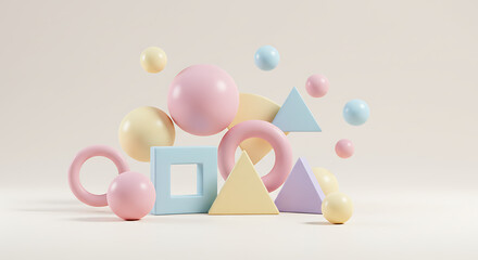 Abstract 3D render of floating pastel geometric shapes like spheres, triangles, and rings on a light background. Minimalist and playful modern design.

