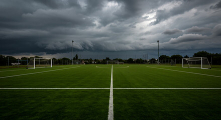 An empty soccer field with goals under a dramatic, stormy sky. Perspective view from the center line, evoking a sense of anticipation or challenge.
