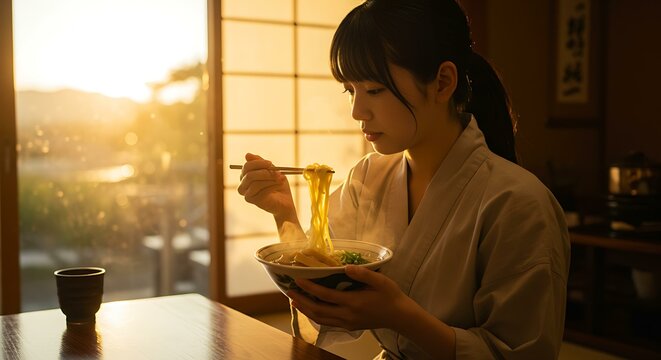Person’s holding a bowl of ramen with chopsticks lifting noodles
