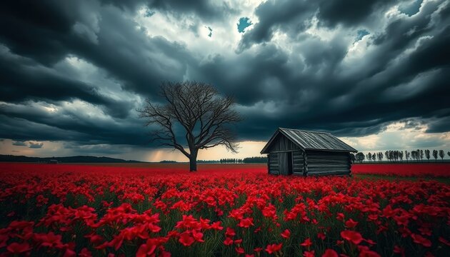 a solitary tree and dilapidated shack in a field of red flowers under a stormy sky - Powered by Adobe